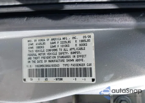 2006 Honda Accord 2.4 Se z USA, uszkodzony, nr VIN 1HGCM56396A160043